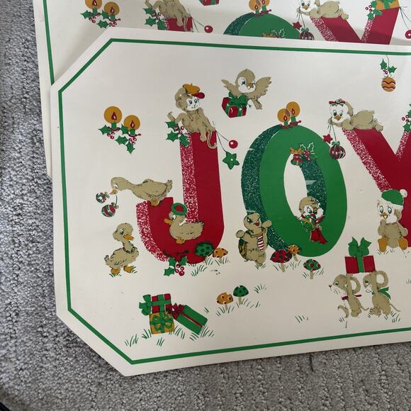 Set Of 4 Vintage Vinyl Christmas Placemats “Joy” Goose, Turtle, Mouse Town & C - Picture 2 of 5